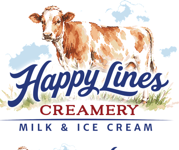 Happy Lines Creamery logo featuring a cow with the Happy Lines script